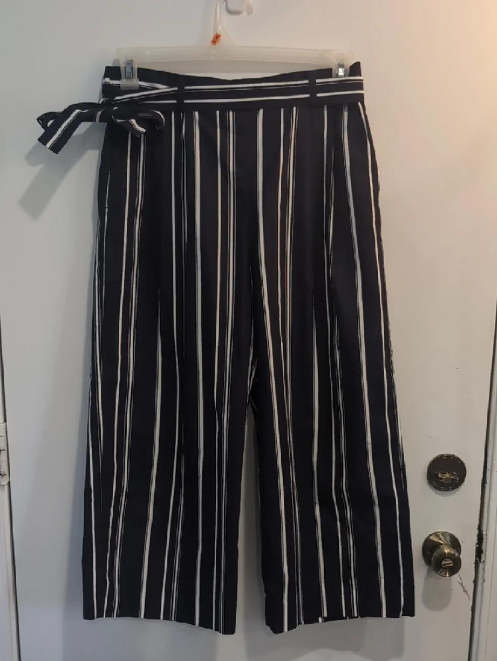 J Crew Striped Navy/White Poplin Tie-Waist Cropped Wide-Leg Pants Size 8
